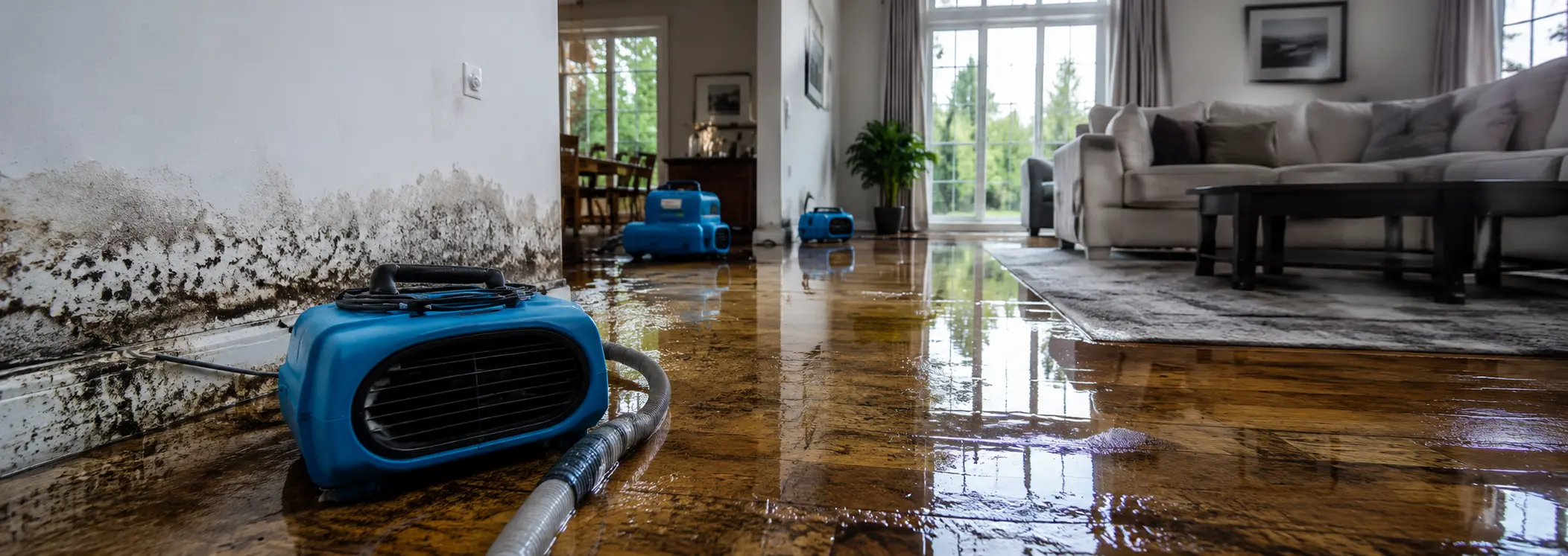 Intervention après un dégât d’eau dans une maison avec équipement d’assèchement